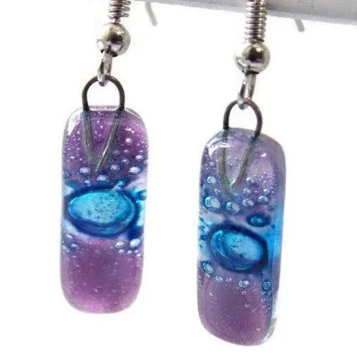 Small Rectangular Lilac and blue recycled Glass Earrings. Fused Glass Jewelry