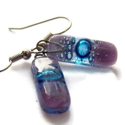 Small Rectangular Lilac and blue recycled Glass Earrings. Fused Glass Jewelry