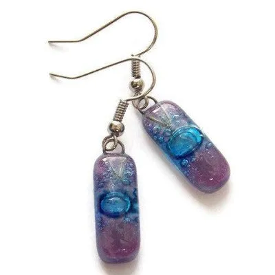 Small Rectangular Lilac and blue recycled Glass Earrings. Fused Glass Jewelry
