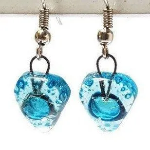 Small turquoise Earrings. Heart Shape Recycled glass Jewelry. Fused glass drop Earrings.