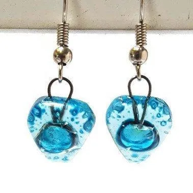 Small turquoise Earrings. Heart Shape Recycled glass Jewelry. Fused glass drop Earrings.