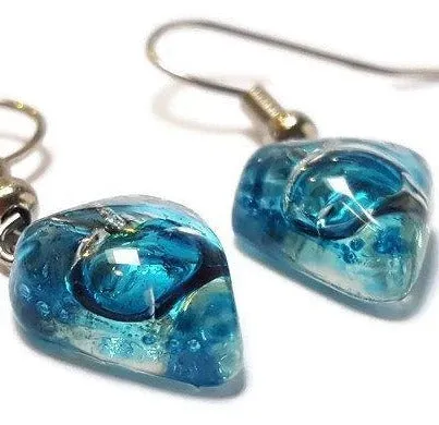Small turquoise Earrings. Heart Shape Recycled glass Jewelry. Fused glass drop Earrings.