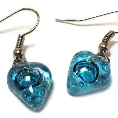 Small turquoise Earrings. Heart Shape Recycled glass Jewelry. Fused glass drop Earrings.