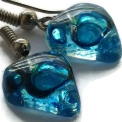 Small turquoise Earrings. Heart Shape Recycled glass Jewelry. Fused glass drop Earrings.