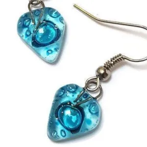 Small turquoise Earrings. Heart Shape Recycled glass Jewelry. Fused glass drop Earrings.