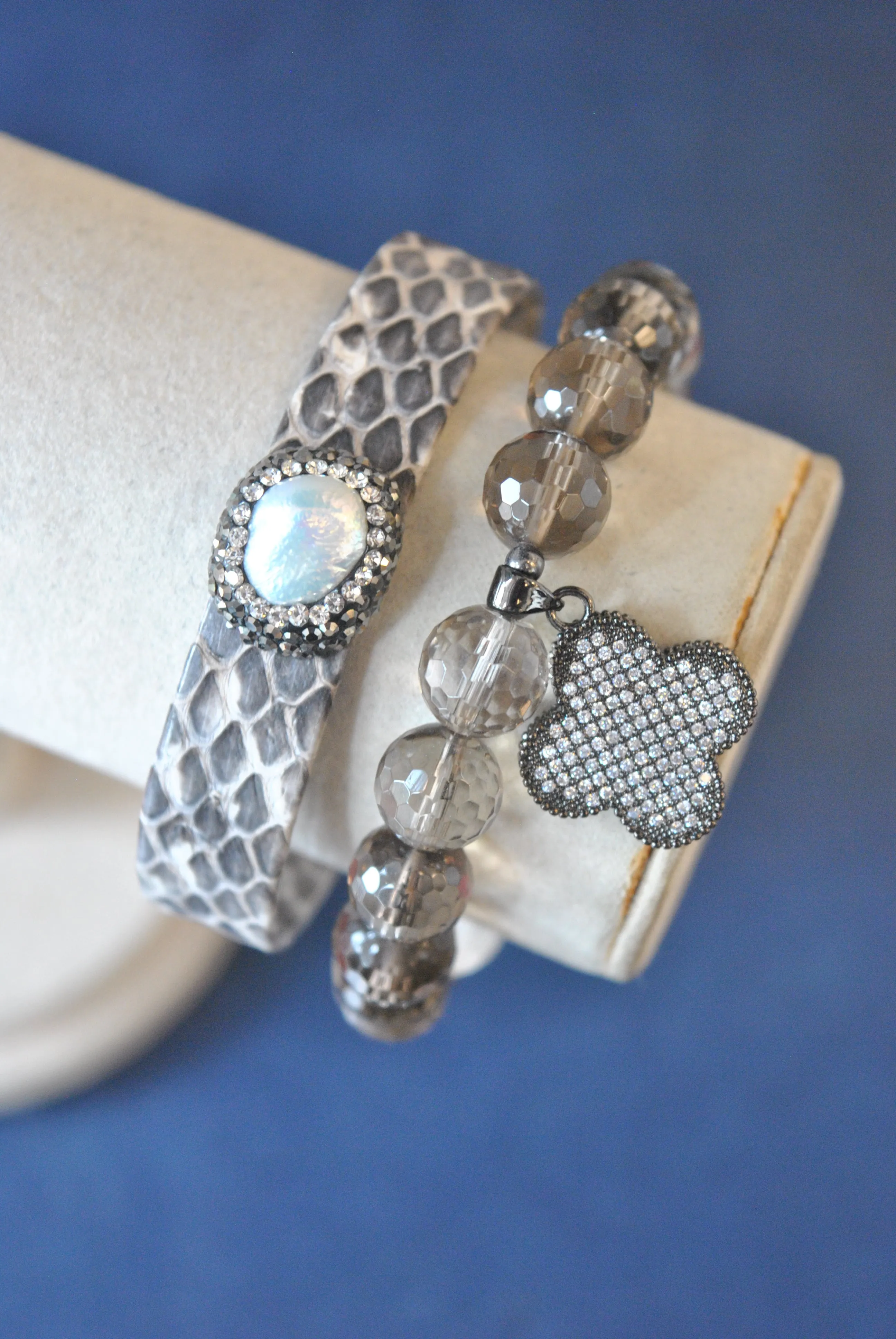 SMOKY QUARTZ AND TAUPE ECO LEATHER CUFF BRACELETS SET