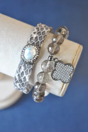 SMOKY QUARTZ AND TAUPE ECO LEATHER CUFF BRACELETS SET