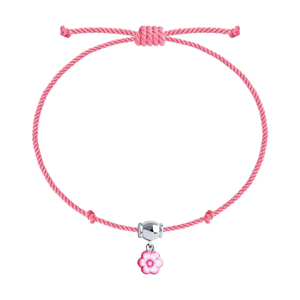 SOKOLOV - Pink Cord With Silver Flower Charm Girl Bracelet, With Enamel