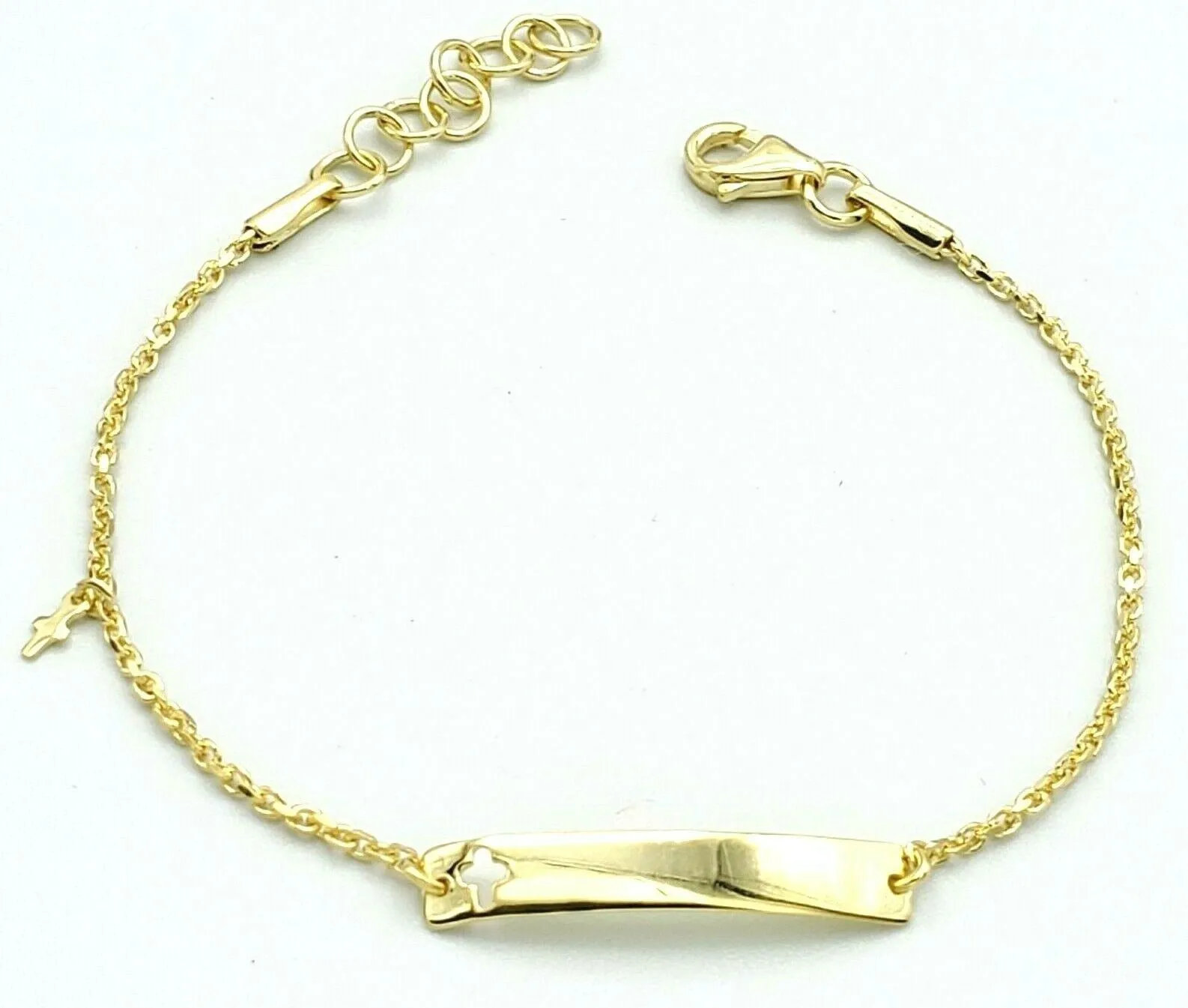 Solid 925 Sterling Silver. ID Bracelet for Kids. Cutout Cross & Charm Silver Gold