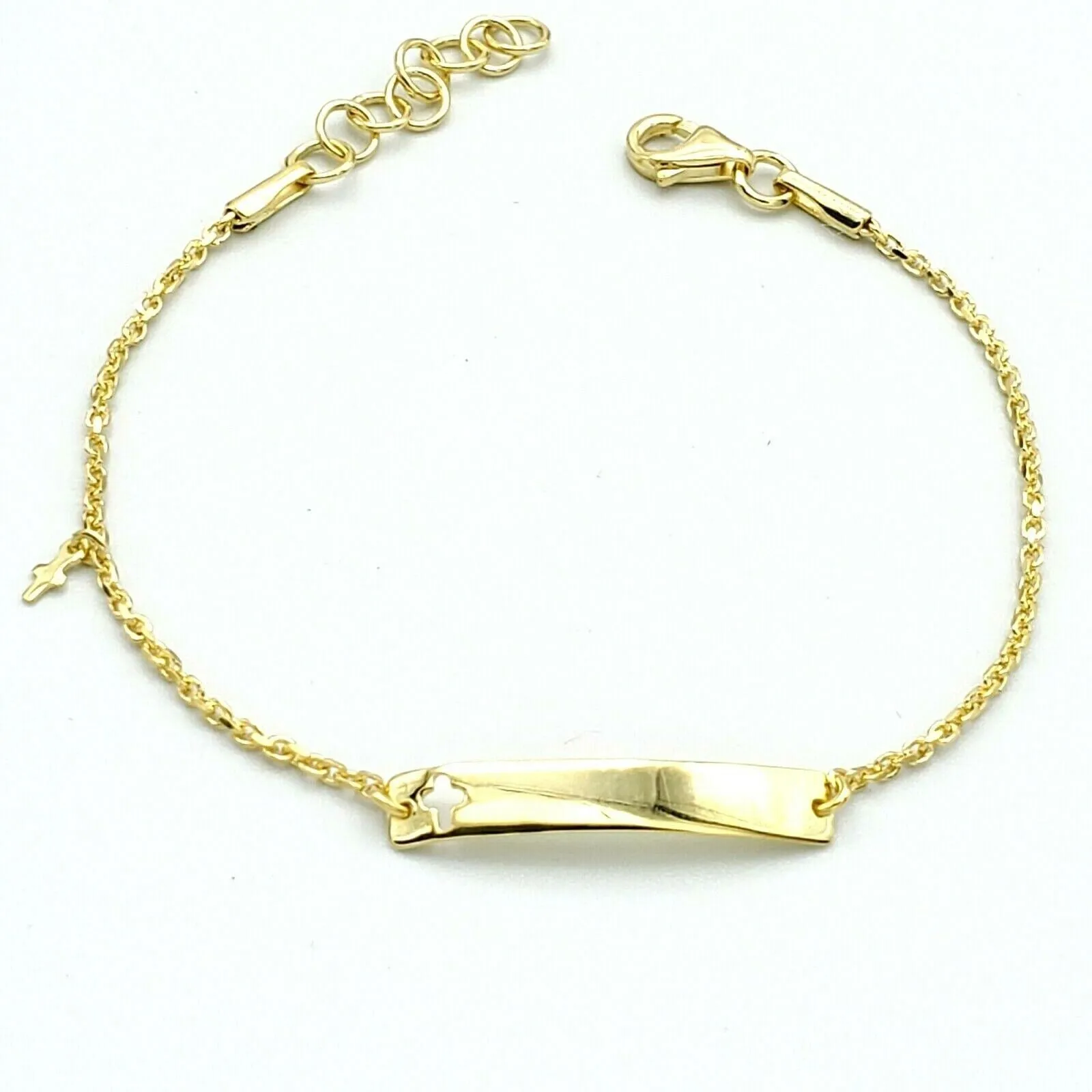 Solid 925 Sterling Silver. ID Bracelet for Kids. Cutout Cross & Charm Silver Gold