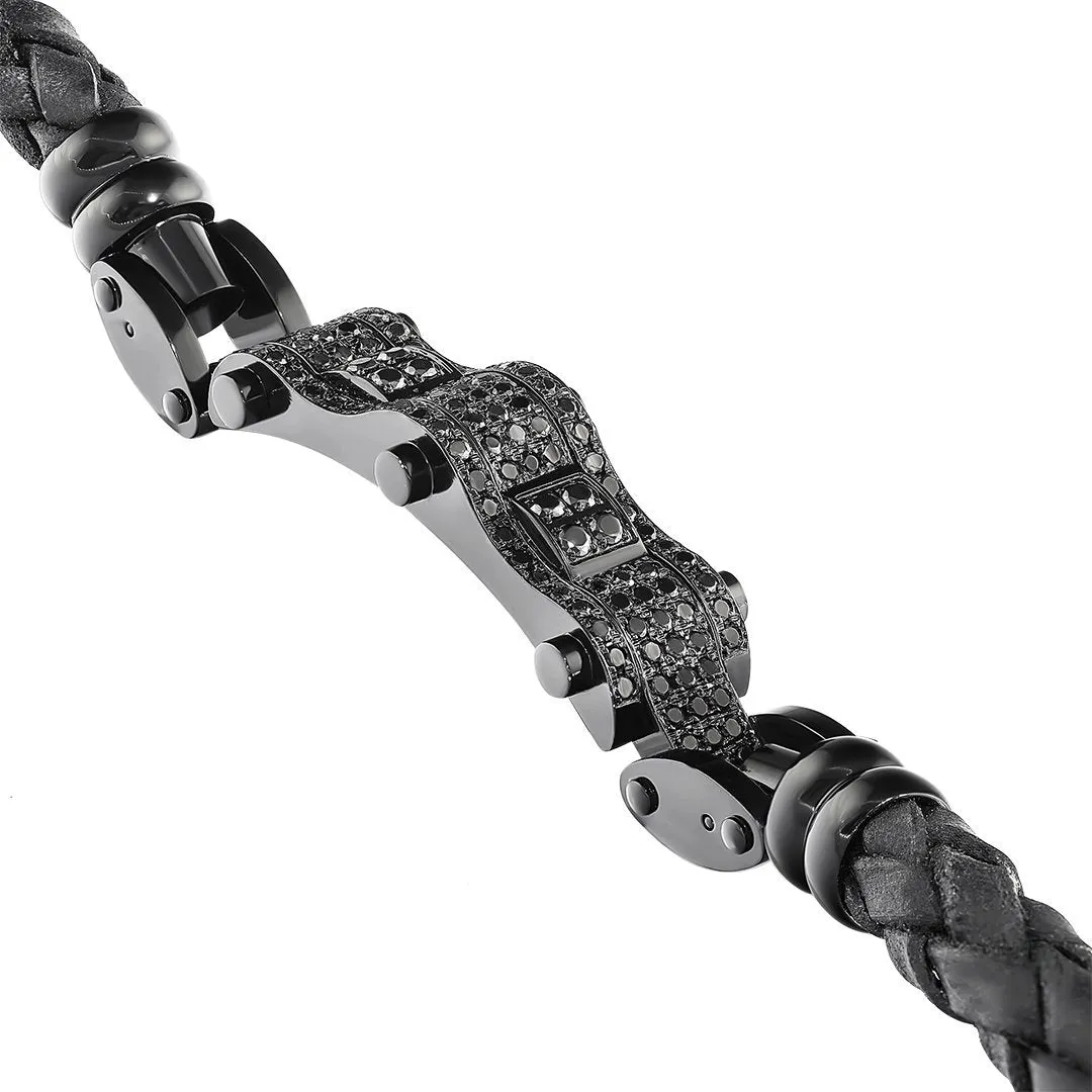 Stainless Steal Leather Black Diamond Bracelet 4.5 Ctw