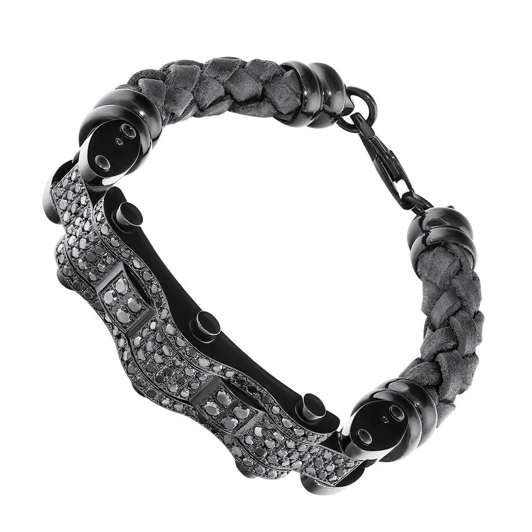 Stainless Steal Leather Black Diamond Bracelet 4.5 Ctw