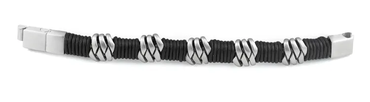 Stainless Steel Braided Black Leather Bracelet