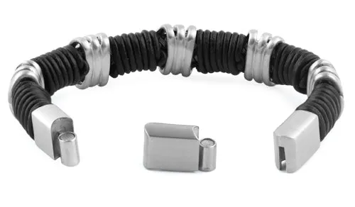 Stainless Steel Braided Black Leather Bracelet
