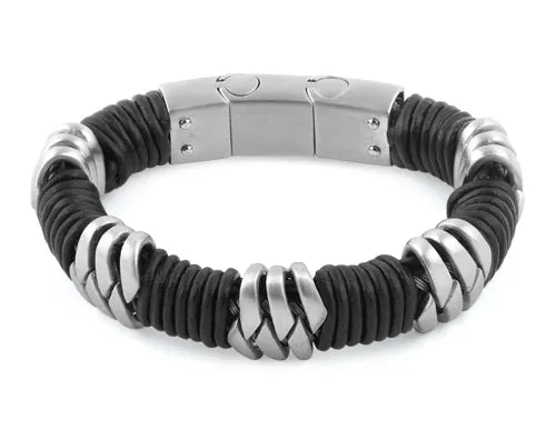 Stainless Steel Braided Black Leather Bracelet