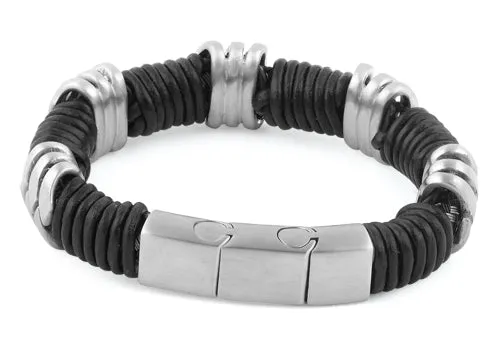 Stainless Steel Braided Black Leather Bracelet