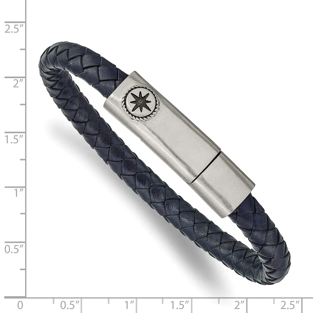 Stainless Steel Brushed and Oxidized Blue Leather Compass 8in Bracelet
