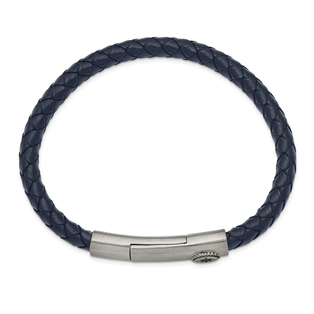 Stainless Steel Brushed and Oxidized Blue Leather Compass 8in Bracelet