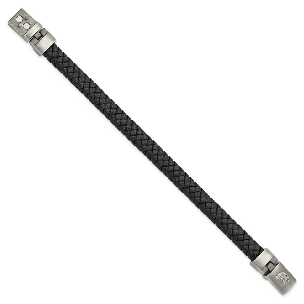 Stainless Steel Brushed Antiqued Leather 8.75in Bracelet