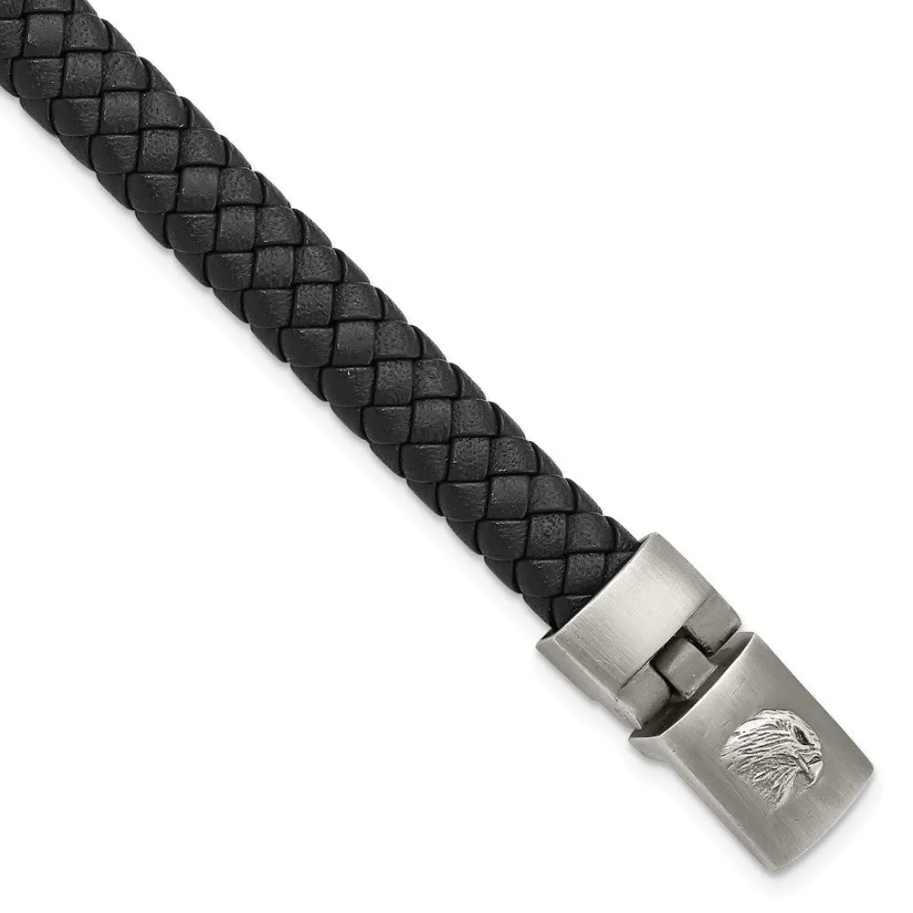 Stainless Steel Brushed Antiqued Leather 8.75in Bracelet