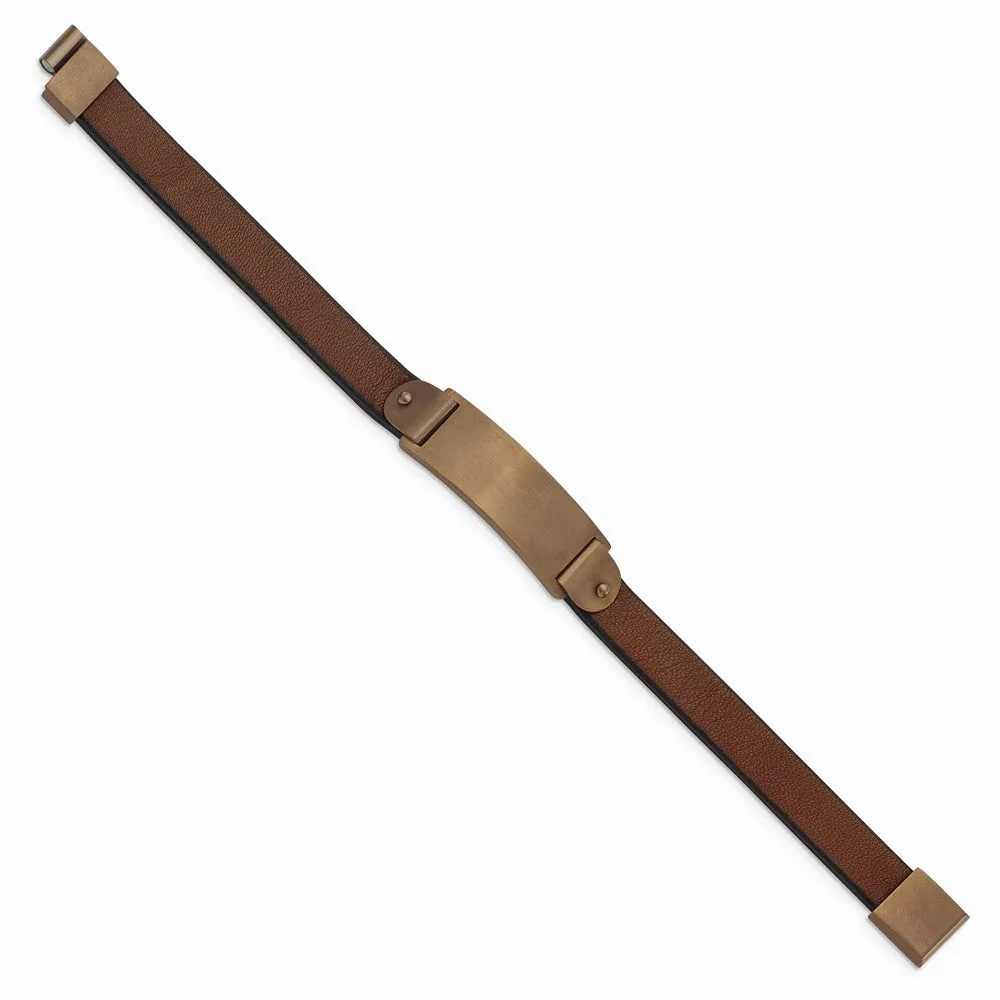 Stainless Steel Brushed Brown IP-plated Brown Leather 8.5in ID Bracelet