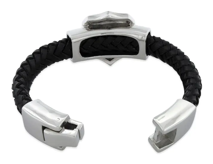 Stainless Steel Crest Shield Skull Leather Bracelet