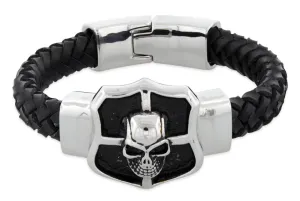 Stainless Steel Crest Shield Skull Leather Bracelet