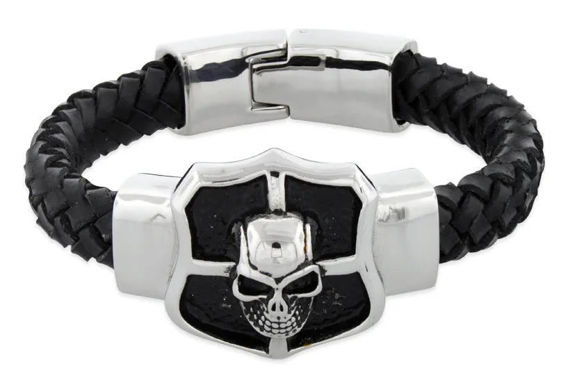 Stainless Steel Crest Shield Skull Leather Bracelet