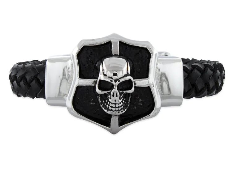 Stainless Steel Crest Shield Skull Leather Bracelet