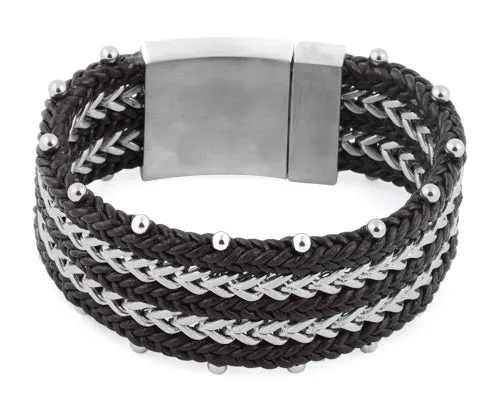 Stainless Steel Double Chain Dark Brown Leather Bracelet