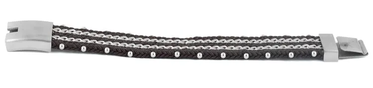 Stainless Steel Double Chain Dark Brown Leather Bracelet