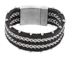 Stainless Steel Double Chain Dark Brown Leather Bracelet