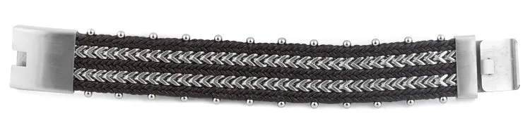 Stainless Steel Double Chain Dark Brown Leather Bracelet
