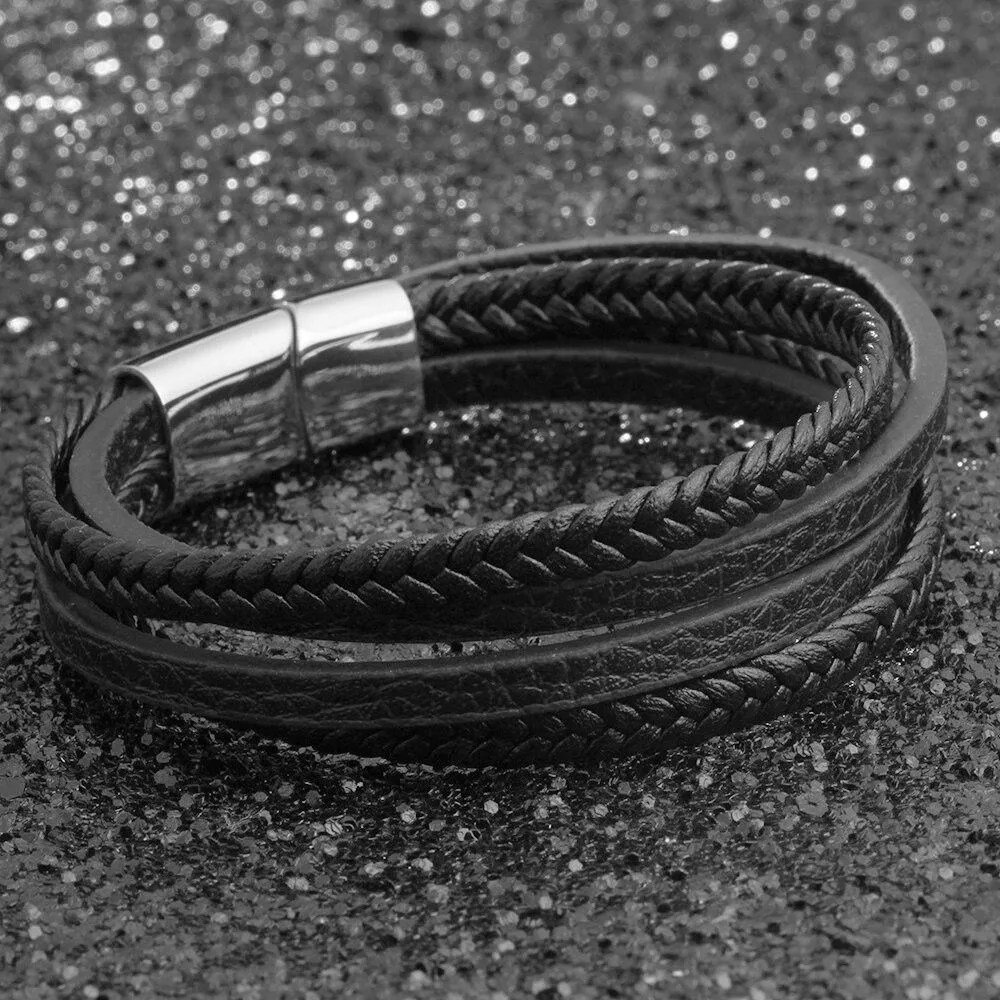 Stainless Steel Genuine Leather Bracelets for Men, Weave Pattern Wrap Wristbands, Gift for Your Man
