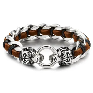 Stainless Steel Mens Tiger Head Curb Chain Bracelet Interwoven with Brown Black Leather
