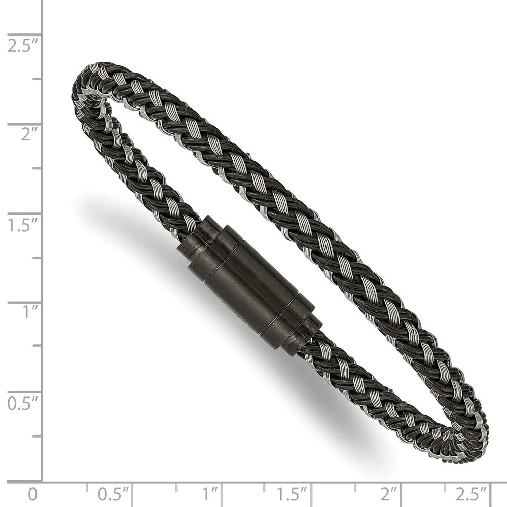 Stainless Steel Polished Black IP Braided Wire & Rubber 8.25in Bracelet