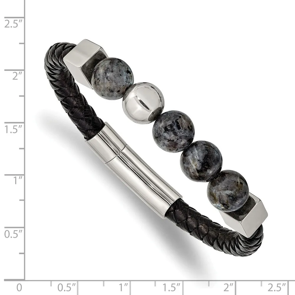 Stainless Steel Polished w/Snowflake Obsidian Black Leather 8in Bracelet