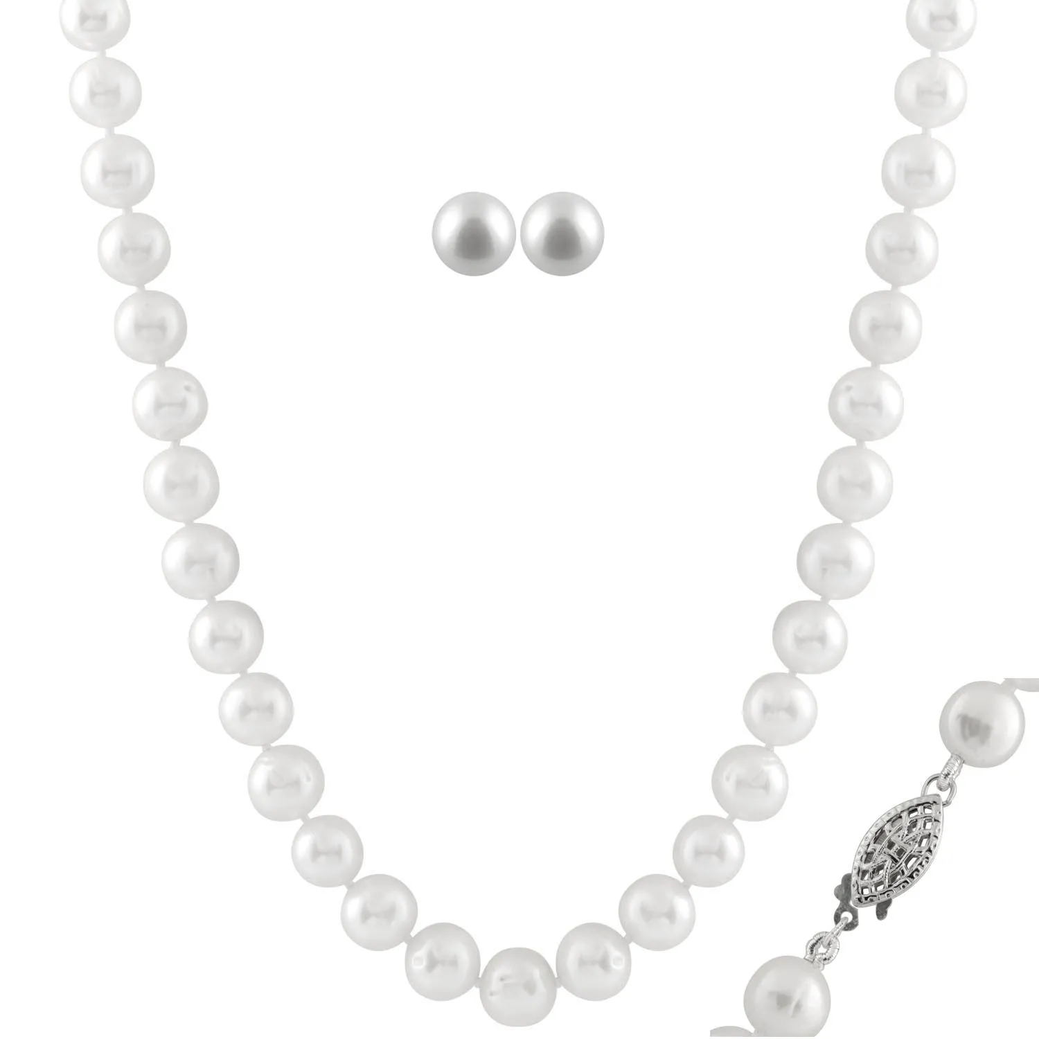 Sterling Silver (8-9mm) Freshwater Pearl Earrings and Necklace  Set