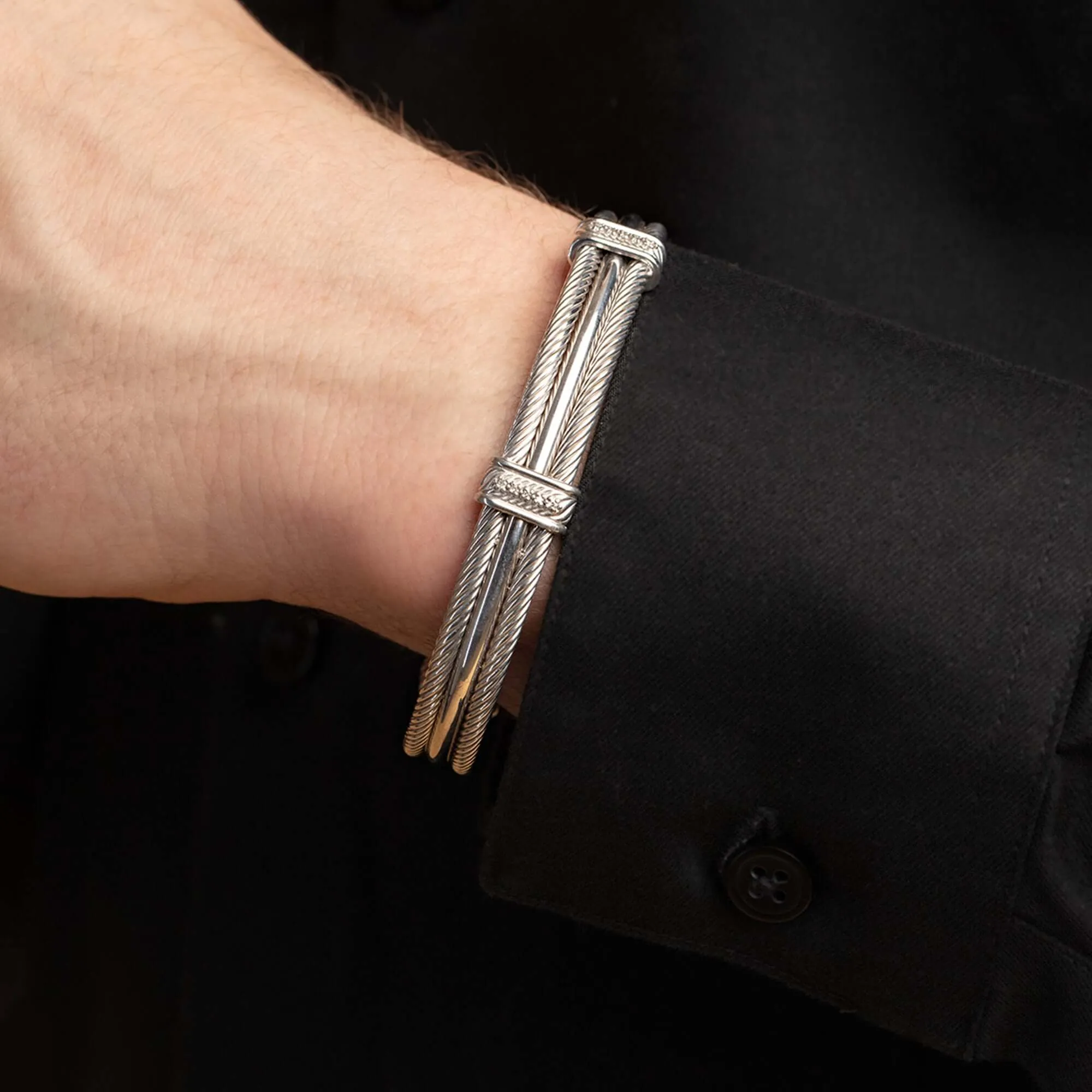 Sterling Silver Cable Cuff Bracelet with Diamonds