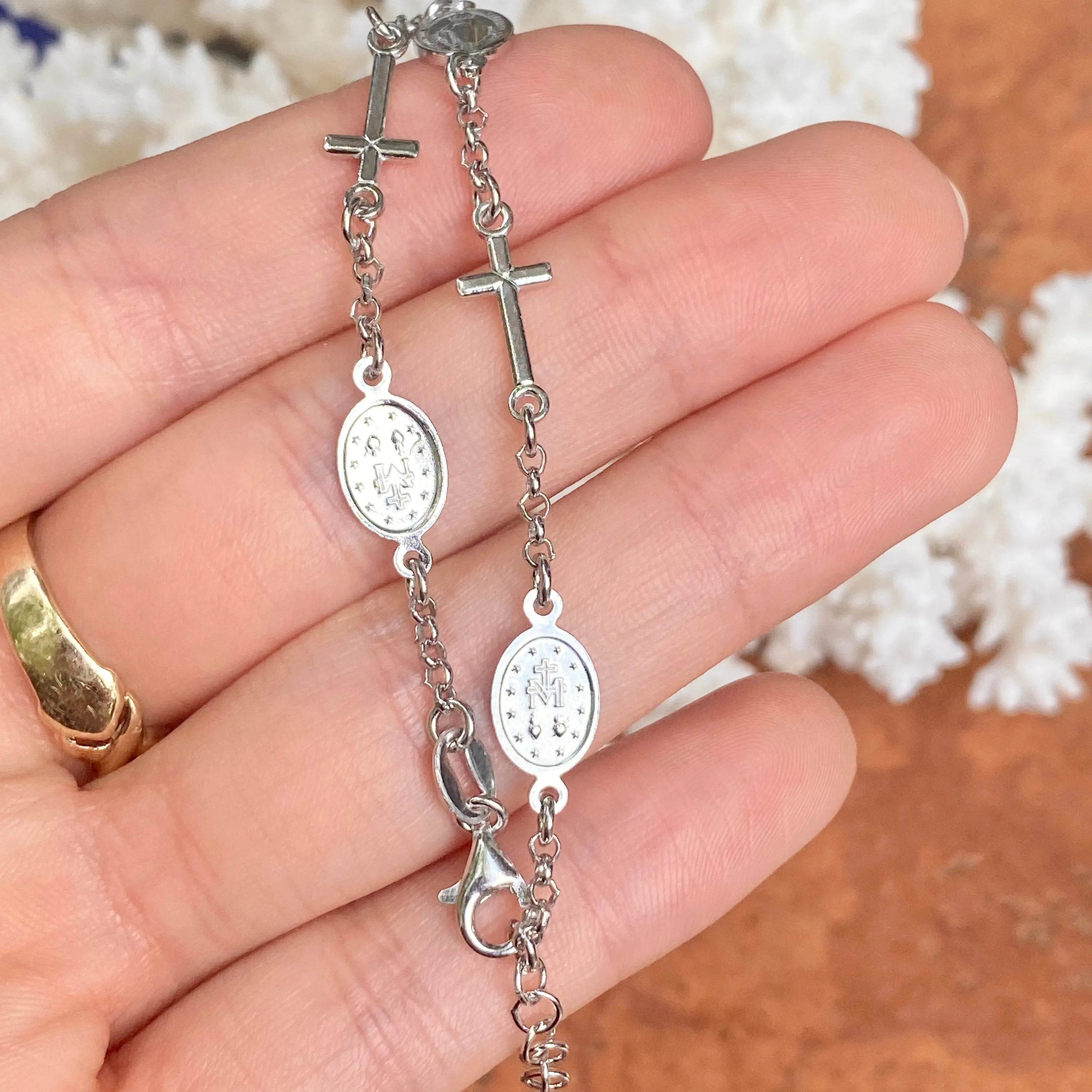 Sterling Silver Cross   Miraculous Medal Rosary Chain Bracelet