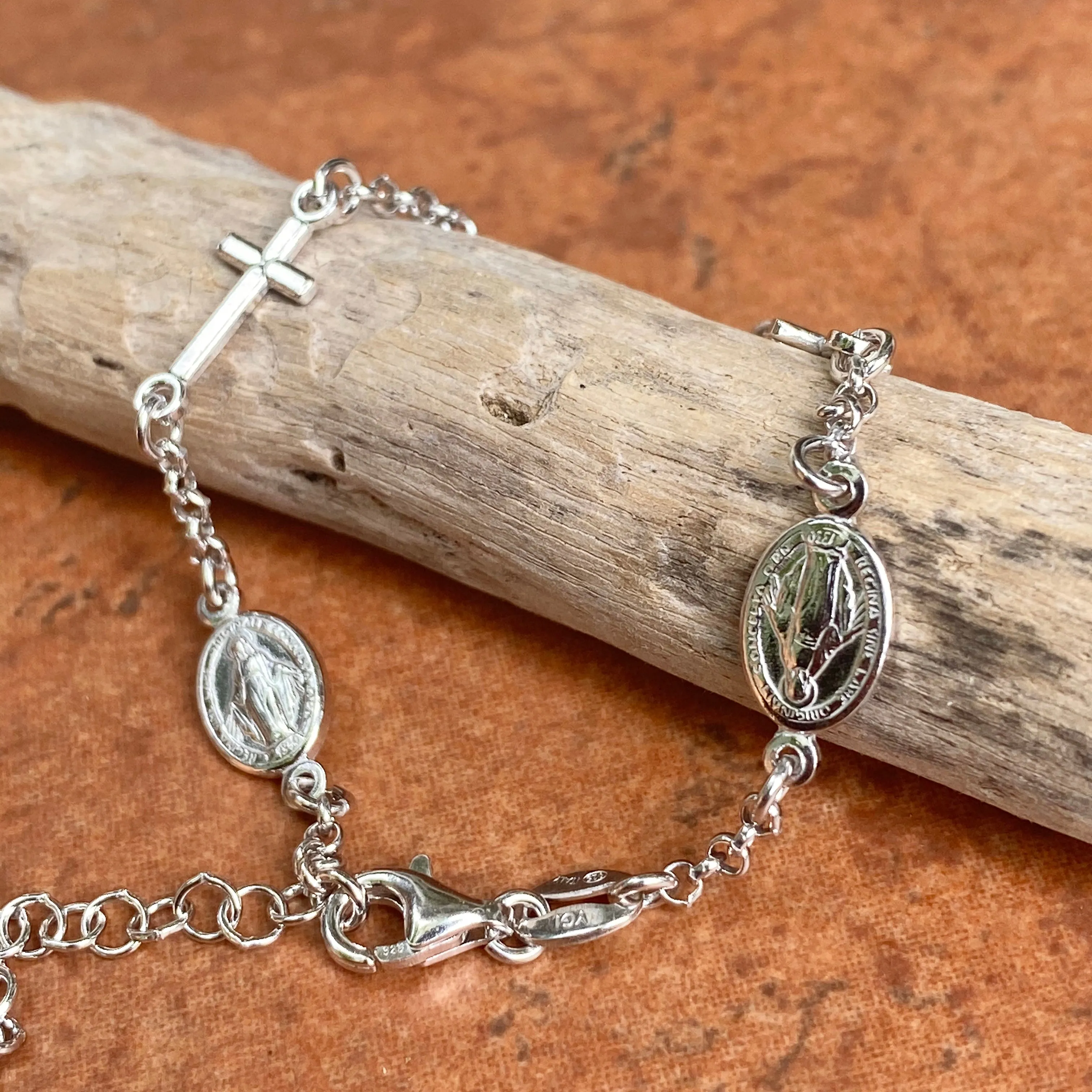 Sterling Silver Cross   Miraculous Medal Rosary Chain Bracelet