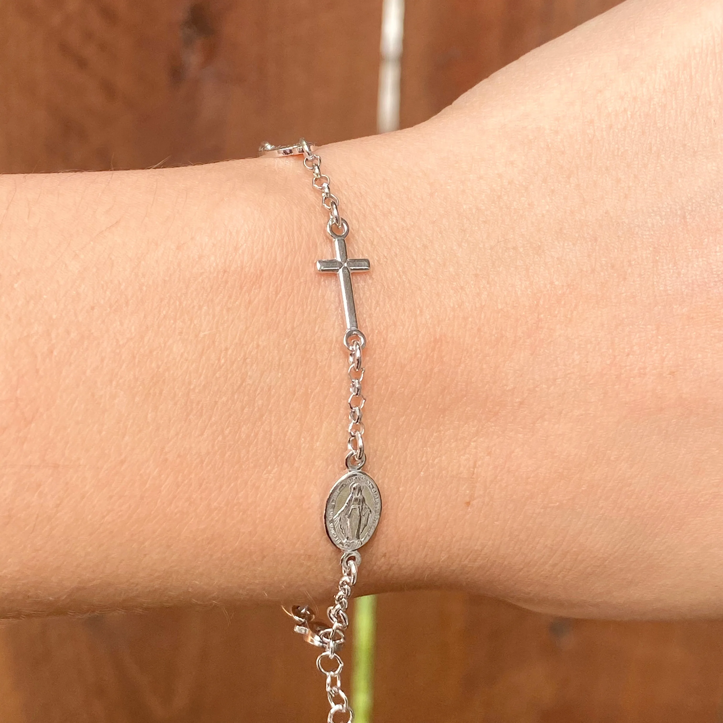 Sterling Silver Cross   Miraculous Medal Rosary Chain Bracelet