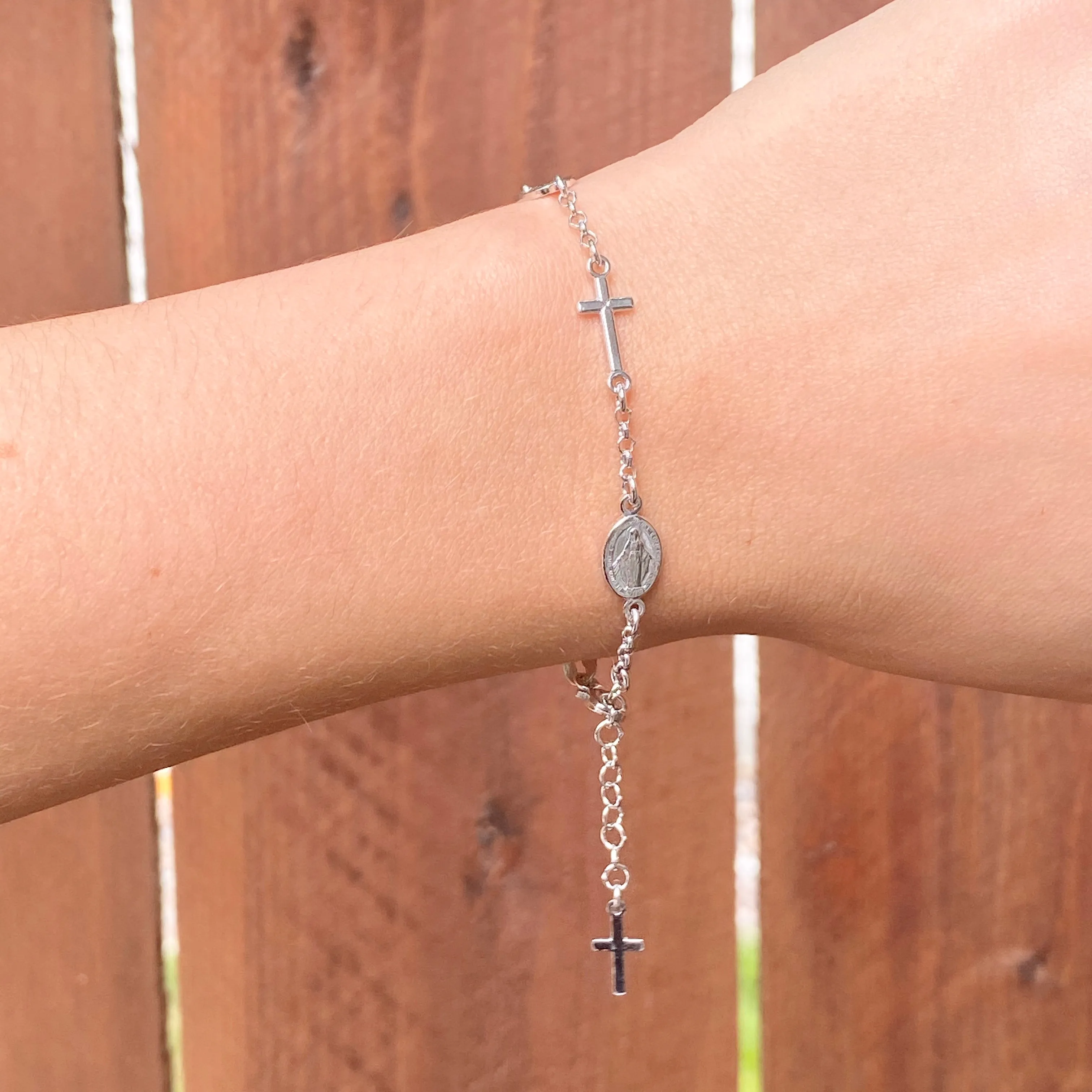 Sterling Silver Cross   Miraculous Medal Rosary Chain Bracelet