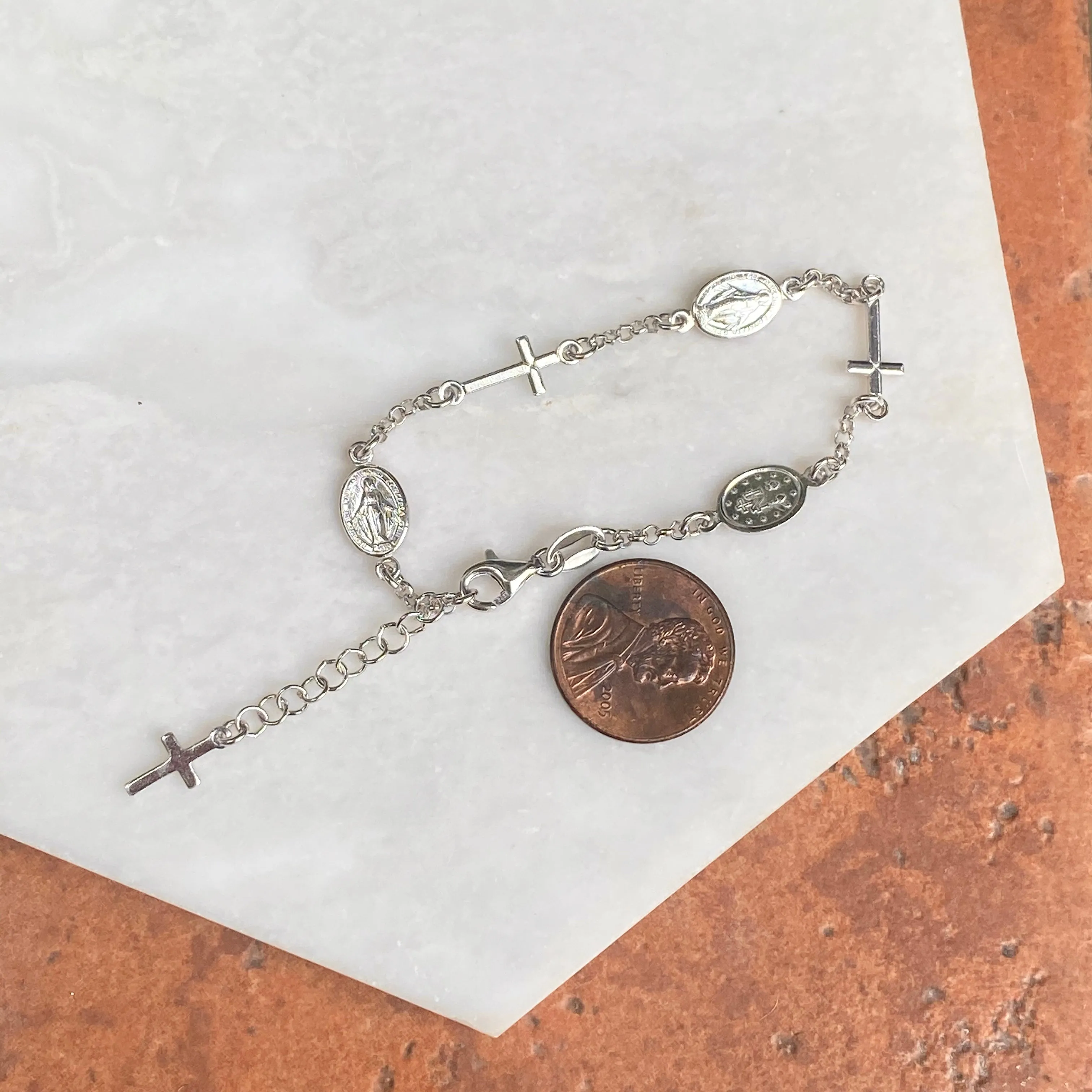 Sterling Silver Cross   Miraculous Medal Rosary Chain Bracelet
