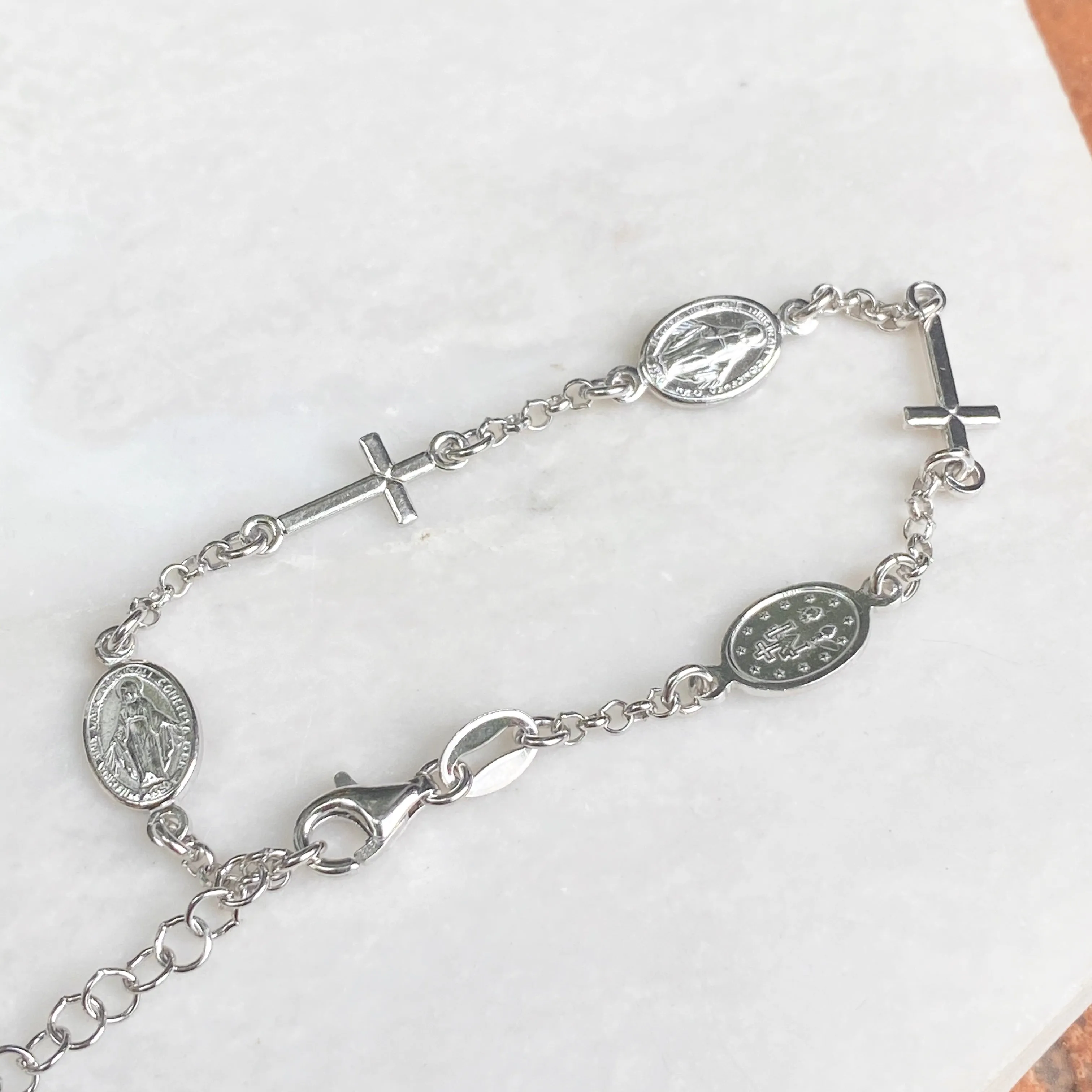 Sterling Silver Cross   Miraculous Medal Rosary Chain Bracelet