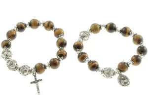 Sterling Silver Double Elastic Rosary Bracelet, Tiger Eyes 10mm Beads