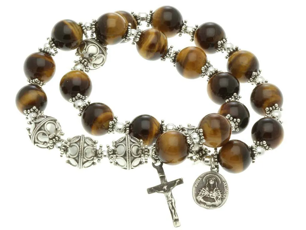 Sterling Silver Double Elastic Rosary Bracelet, Tiger Eyes 10mm Beads