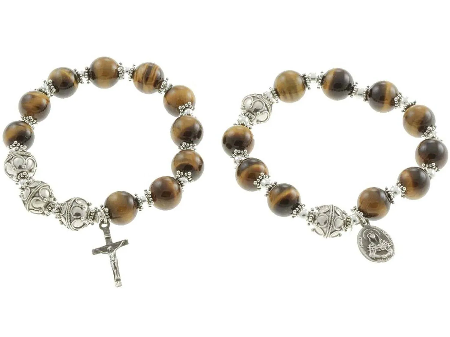 Sterling Silver Double Elastic Rosary Bracelet, Tiger Eyes 10mm Beads