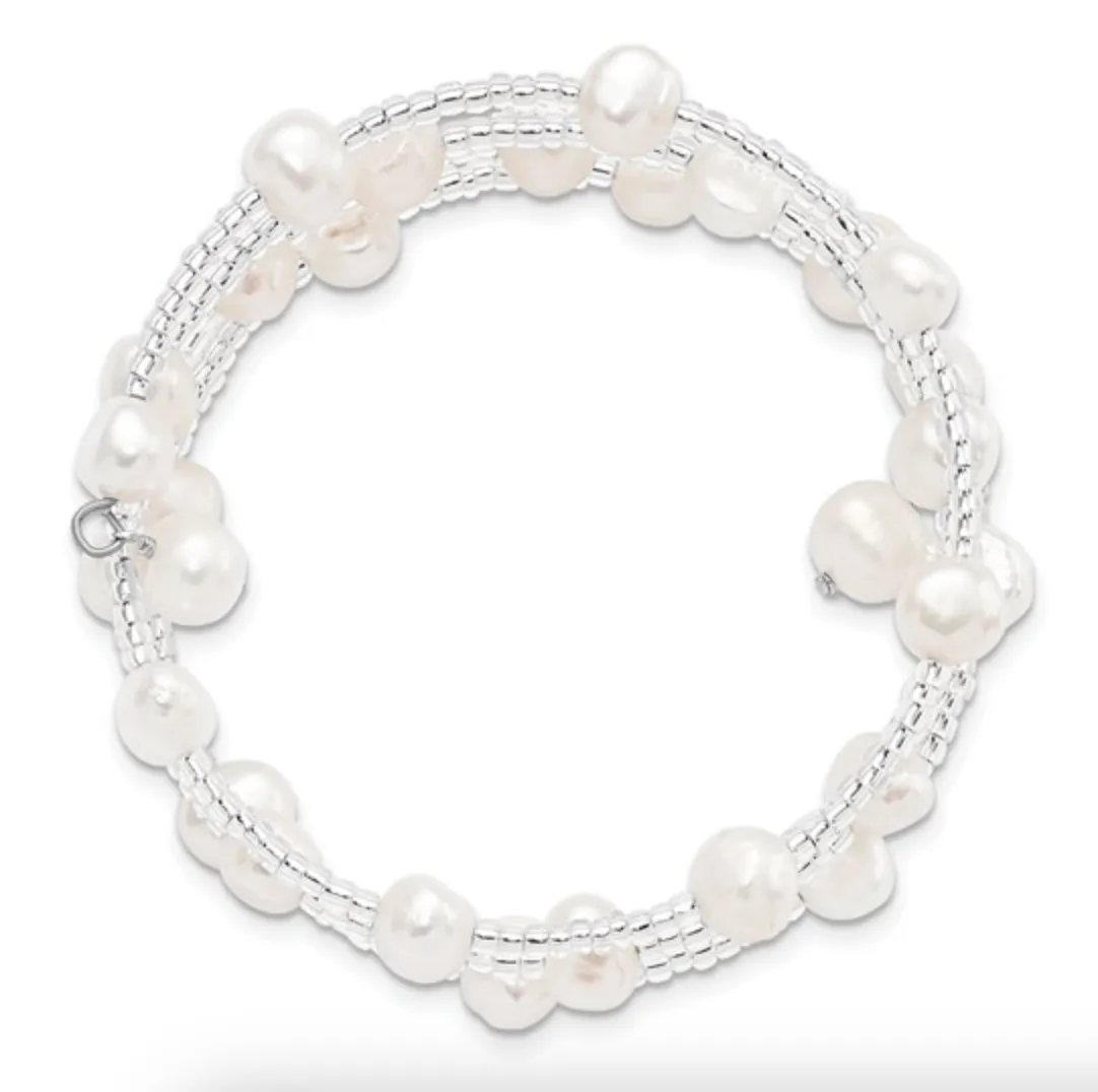 Sterling Silver Freshwater Pearl   Glass Bead Wrap Bracelet