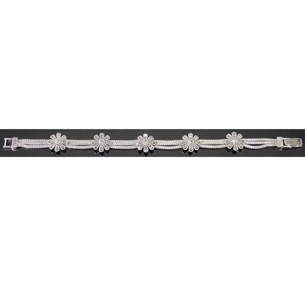 Sterling Silver Marcasite Flowers Bracelet 7"